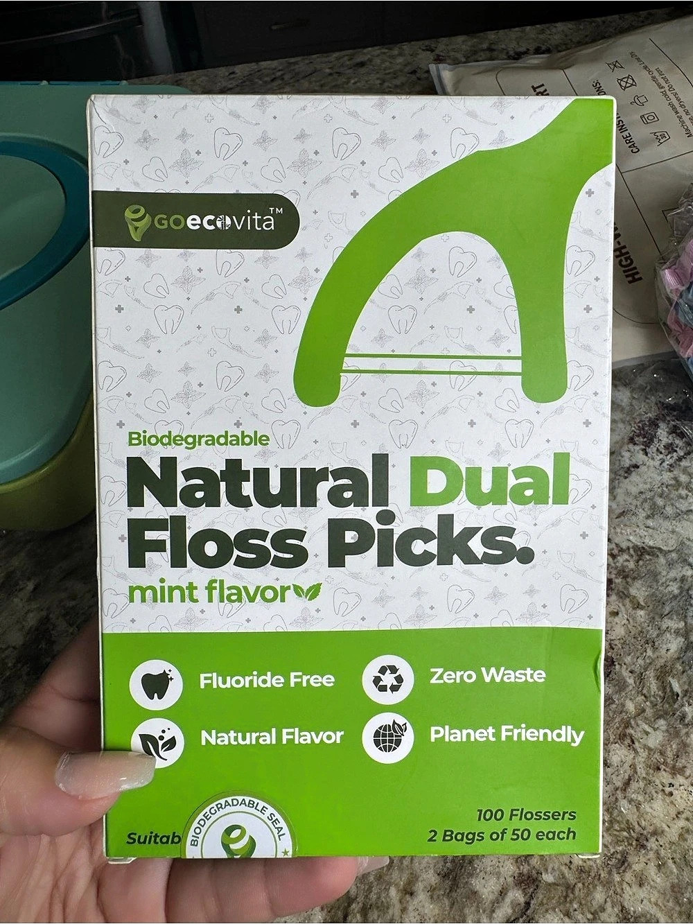 GoEcoVita Natural Dual Floss Picks Mint Flavor 100 Floss Picks
